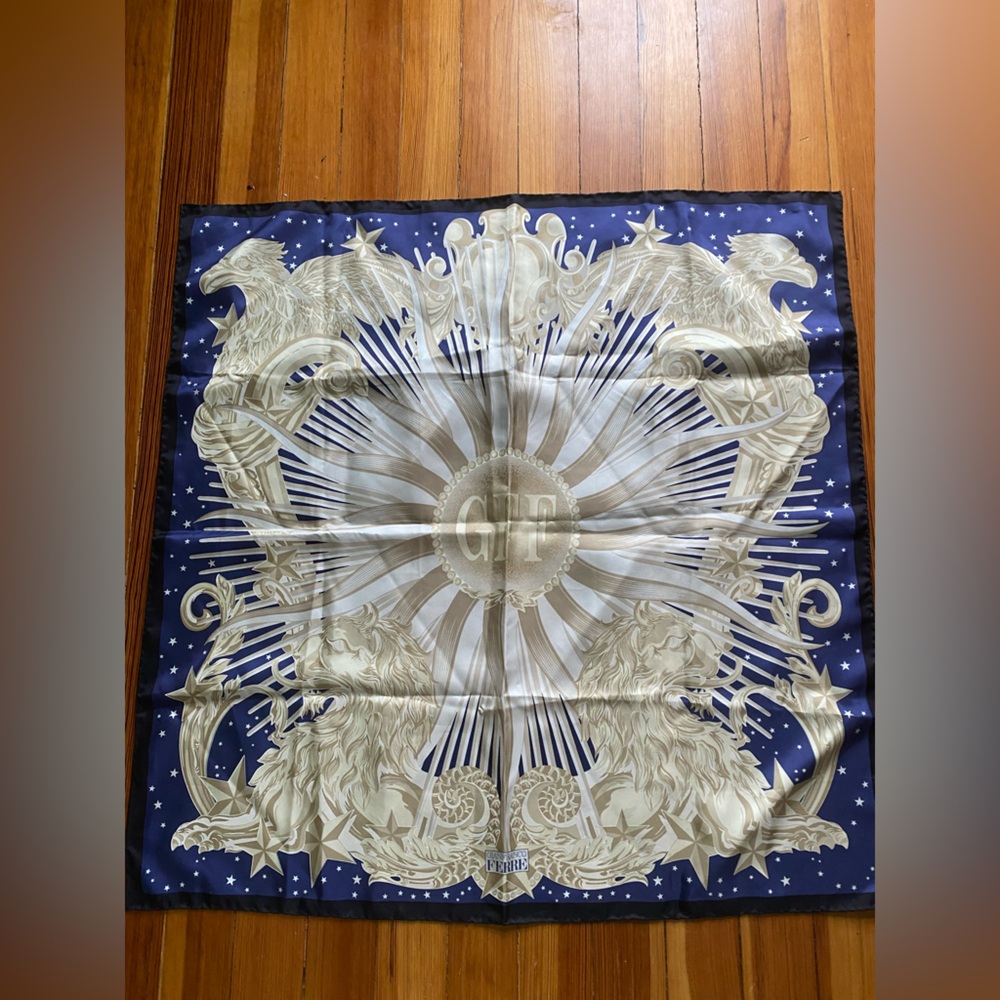 Gianfranco Ferre celestial lions Navy and Gold silk Scarf